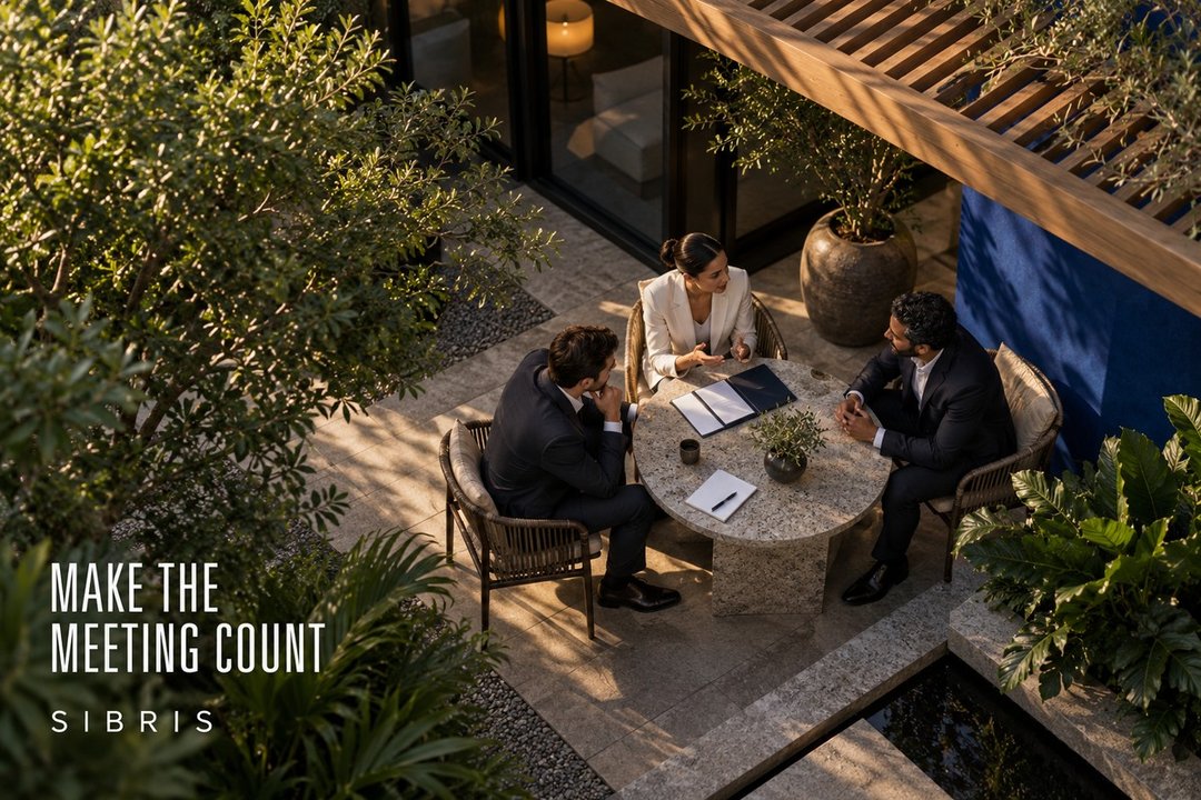 Conceptual illustration of an imagined business meeting courtyard; not an actual delegation, event venue or confirmed attendee.