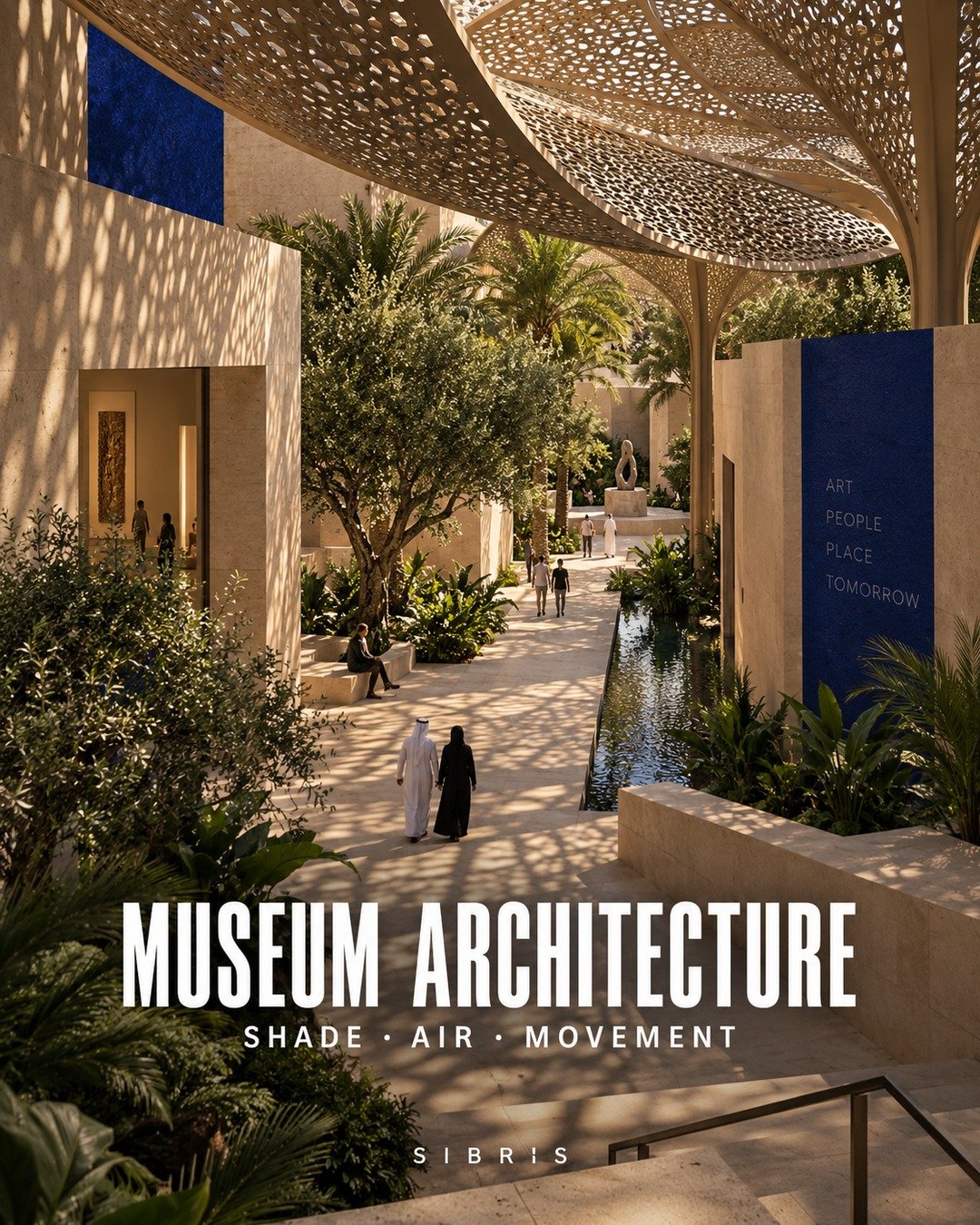 AI-generated imaginary shaded museum courtyard; not a depiction of Guggenheim Abu Dhabi.