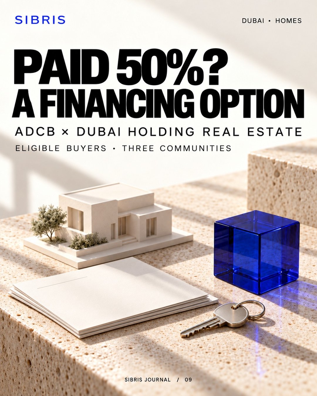 Conceptual house model, blank papers, key and cobalt cube; not an actual development or bank document.