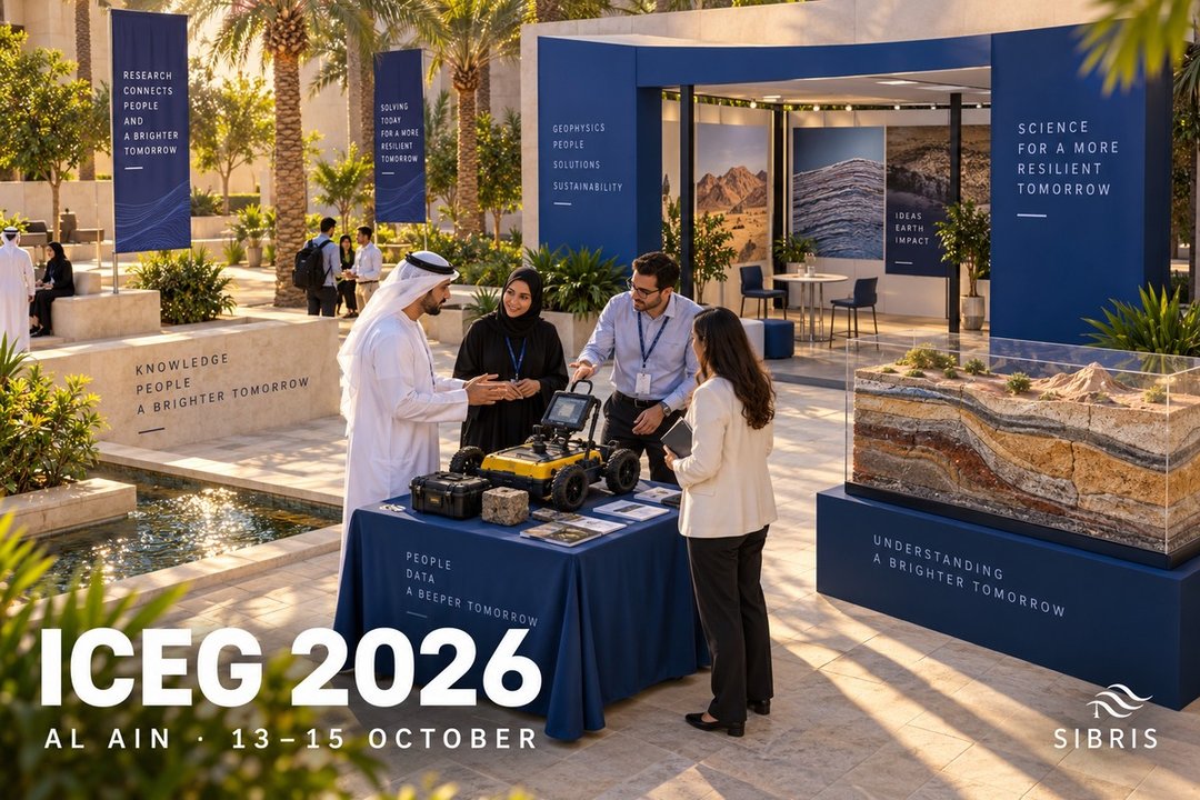 Conceptual research courtyard with a geophysics display, not the actual UAEU venue or an ICEG event photograph.