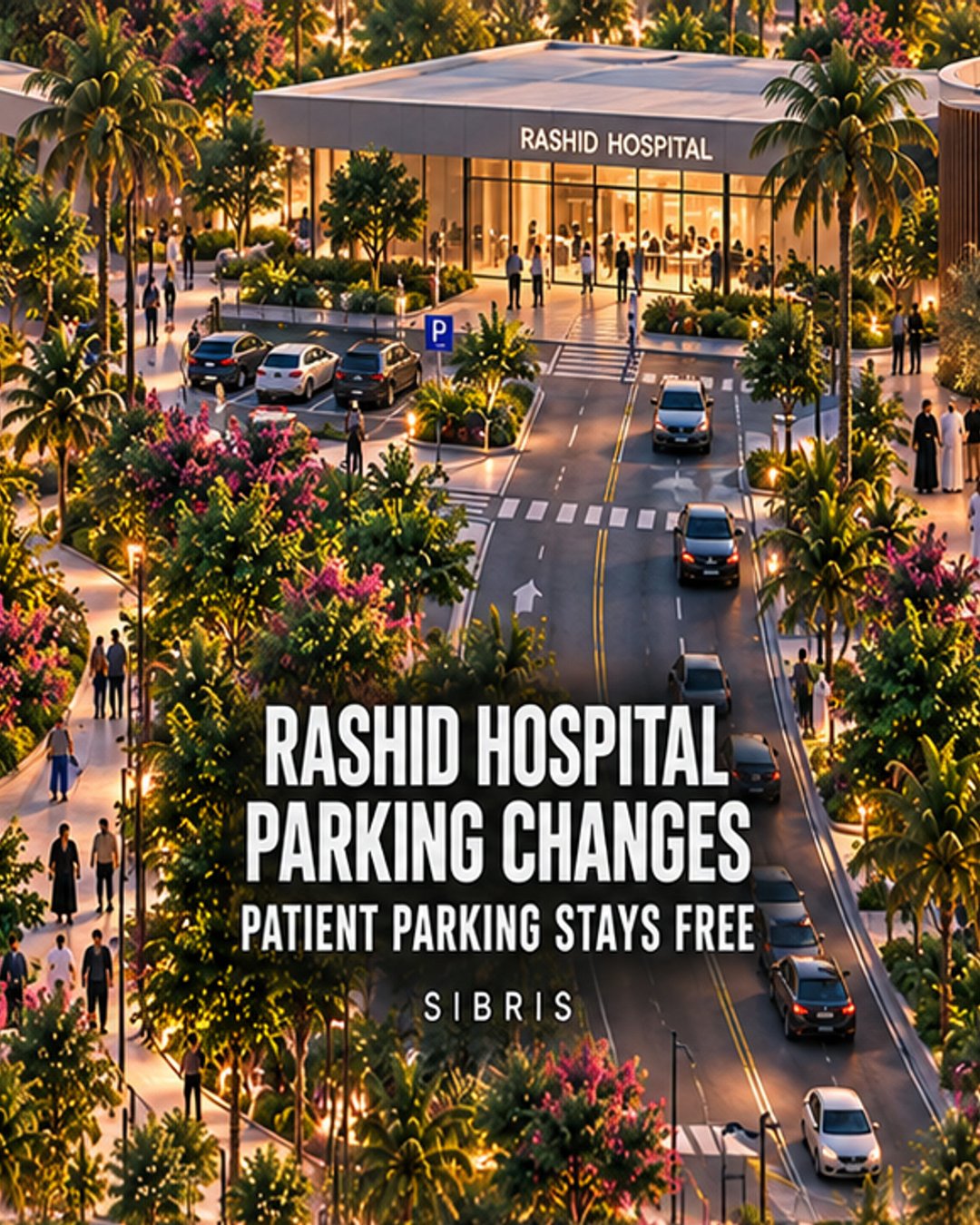 Conceptual illustration of an imagined landscaped healthcare parking forecourt, with the headline Rashid Hospital parking changes.
