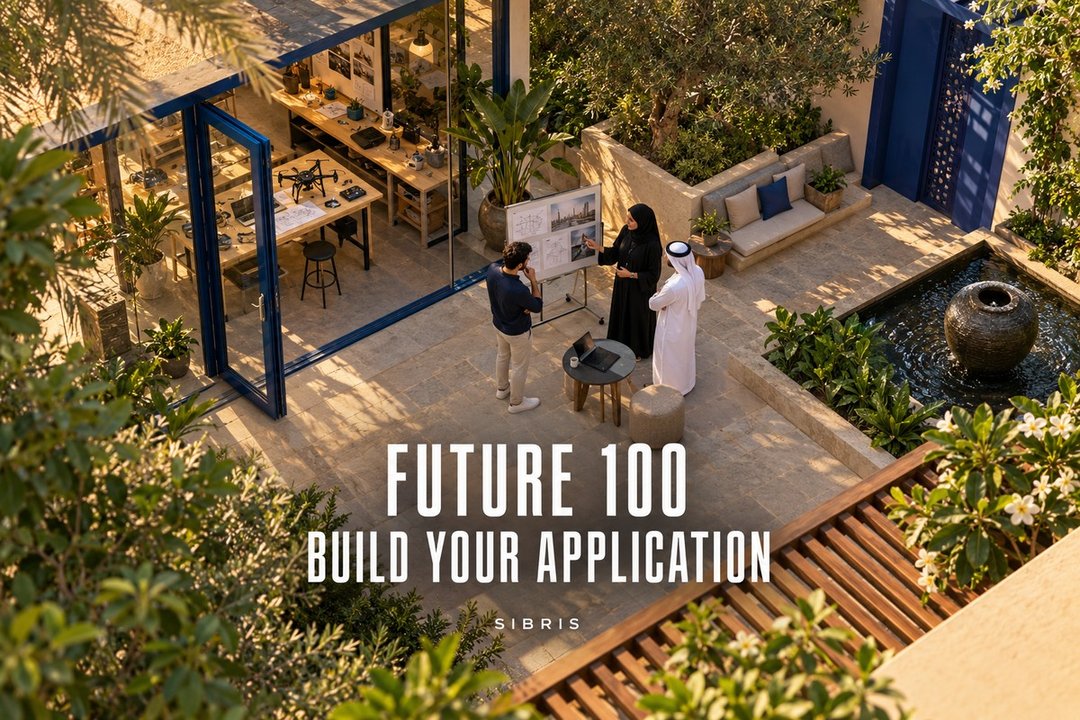 AI-generated conceptual startup studio courtyard; not a Future100 facility or an actual participating company.