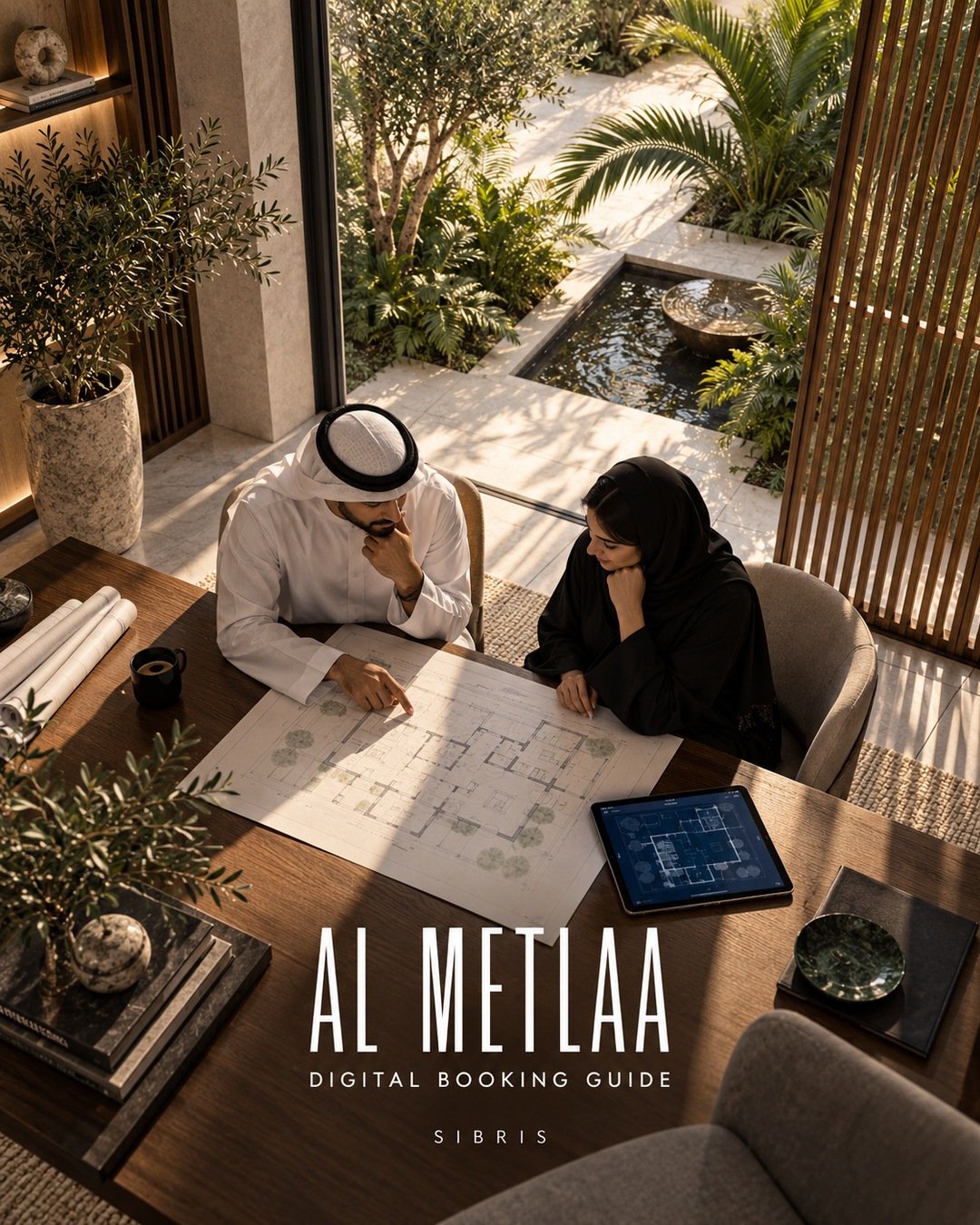 AI-generated imaginary family reviewing plans; not an Al Metlaa home, floor plan or real beneficiaries.
