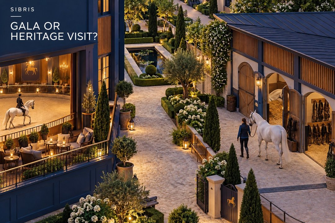 AI-generated conceptual illustration comparing a performance terrace and stable courtyard; not ADREA’s actual venue, horses or seating plan.