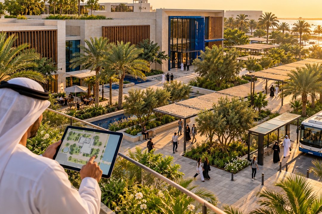 AI-generated conceptual civic courtyard with shaded paths, planting and a bus stop; not an actual government asset or TAMM interface.
