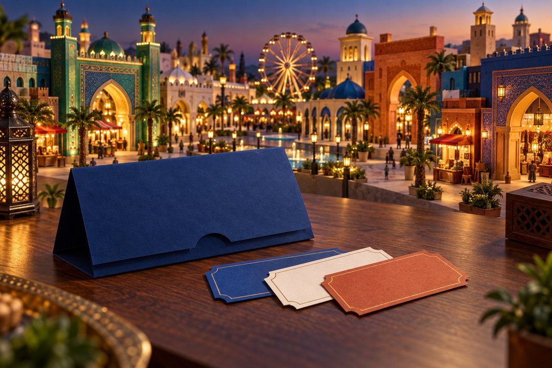 Imagined miniature cultural fairground with blank tickets; conceptual illustration, not the actual Global Village layout or VIP-pack design.