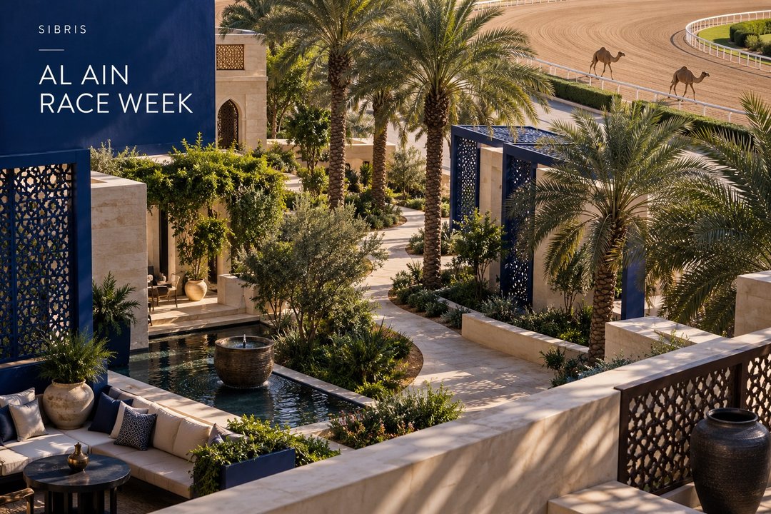Conceptual AI illustration of a shaded oasis courtyard beside a camel track, not the actual Al Rawda venue.