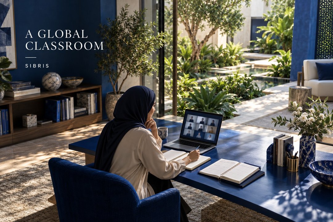 Conceptual home study overlooking a green courtyard, with a woman attending a remote class; AI-generated illustration.