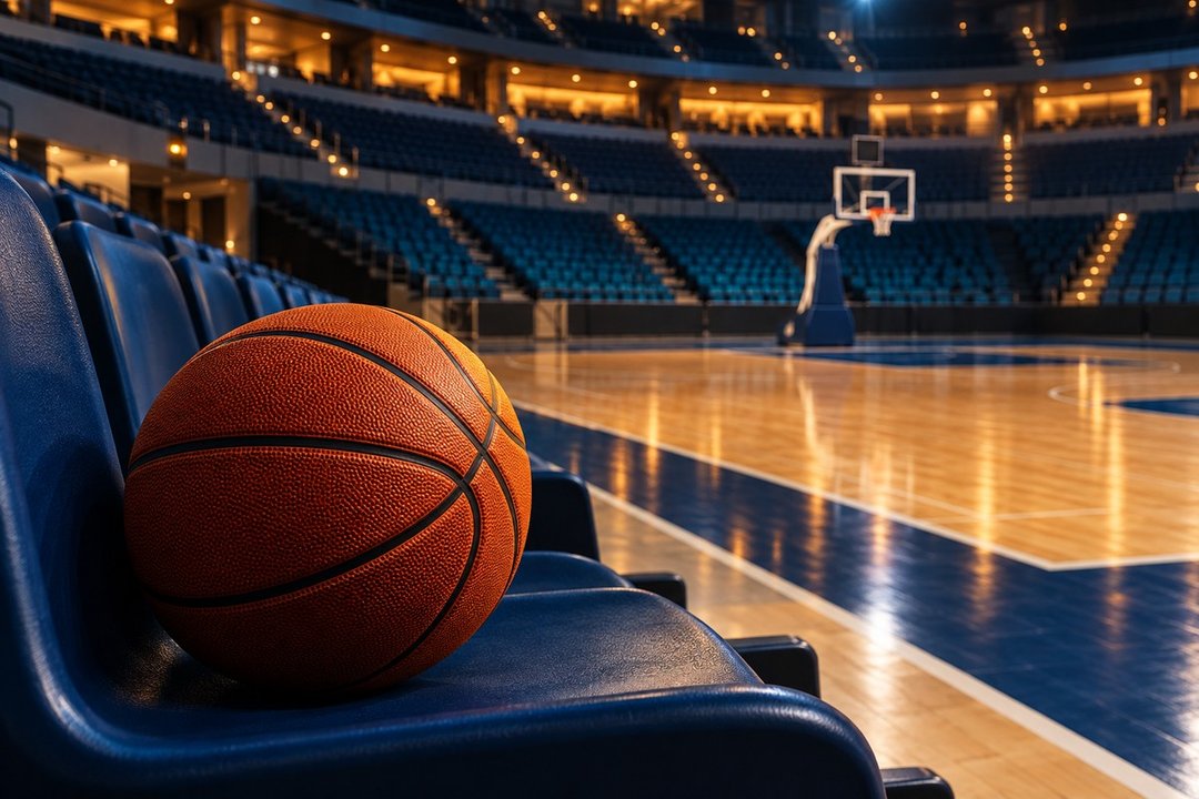 Orange basketball on a cobalt spectator seat beside an imagined indoor court; a conceptual illustration, not the actual game or Coca-Cola Arena.