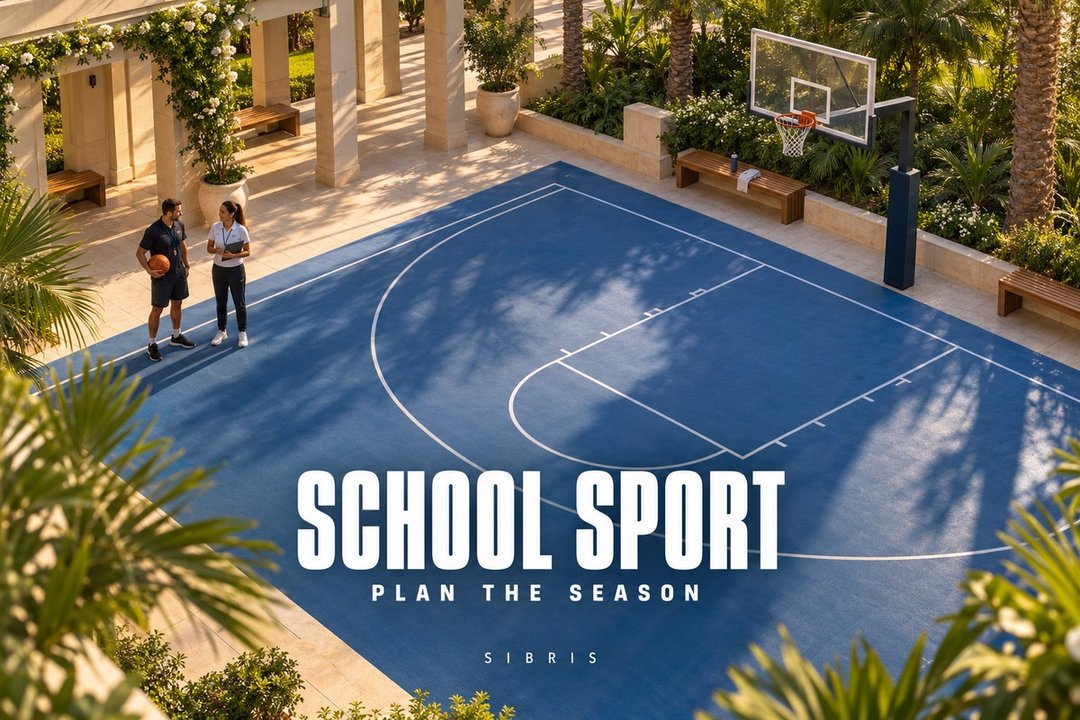 AI-generated conceptual school sports courtyard with adult coaches; not an actual participating school or official championship venue.