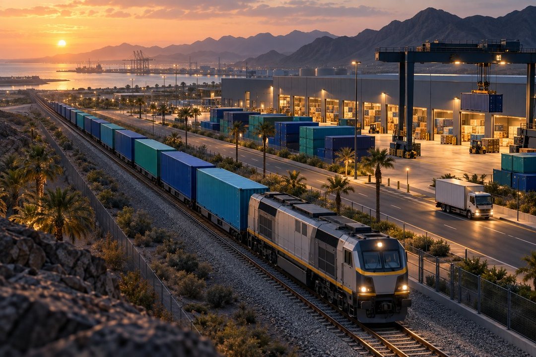 Conceptual illustration of a container freight train beside an imagined logistics warehouse and port landscape at sunset.