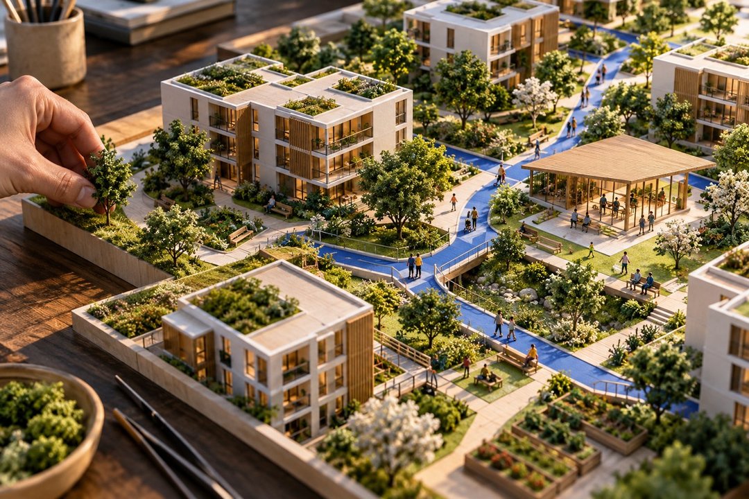 Conceptual neighbourhood scale model with connected paths and gardens; not a real district, LIVEX exhibit or SIBRIS development.