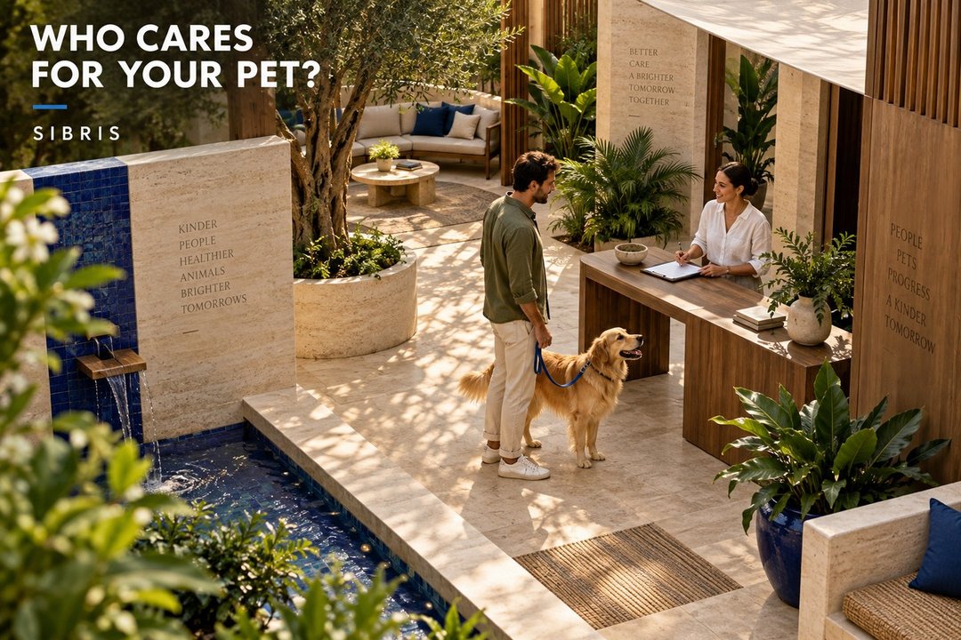 AI-generated fictional animal-care courtyard and handover, not a certified provider or official venue.
