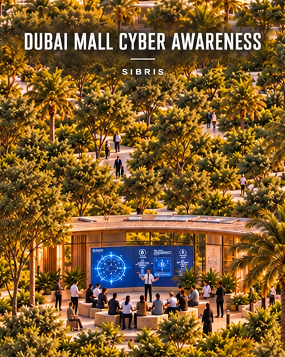 AI-generated imaginary cyber-awareness courtyard; not the actual Dubai Mall platform.