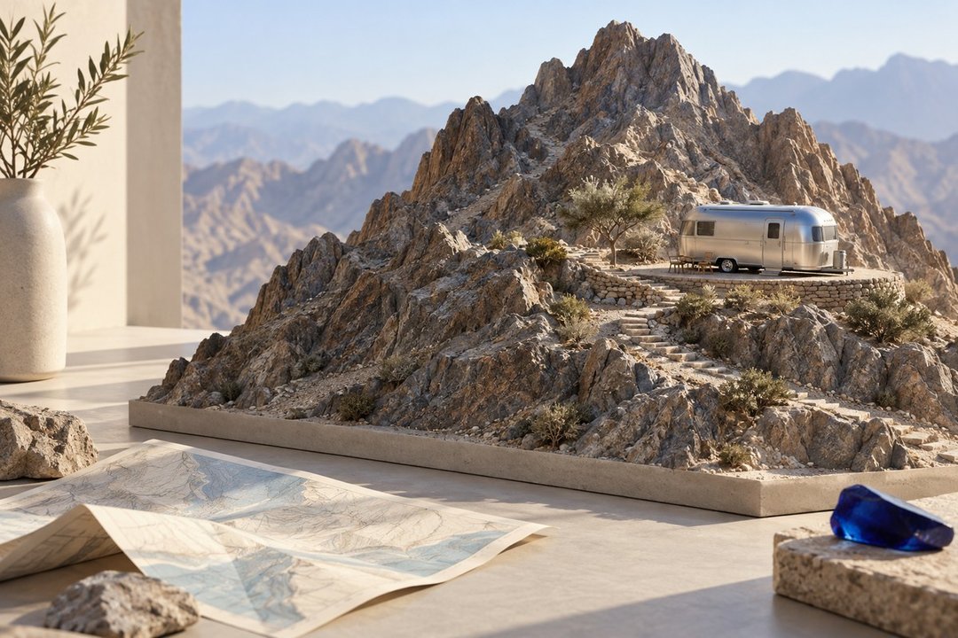 Conceptual miniature mountain landscape with a silver trailer on a studio tabletop; not a photograph of Hatta Resorts or either heritage trailer.