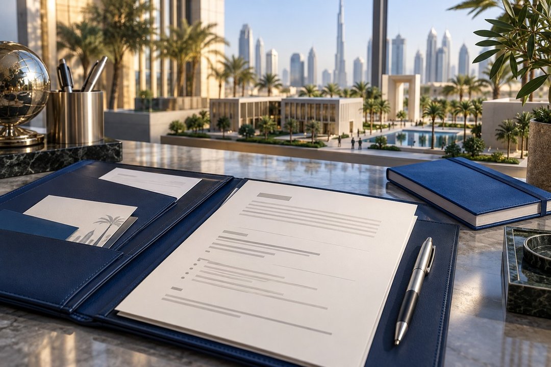 Conceptual AI-generated CV folder, blue notebook and pen with an imagined business courtyard; not the actual Ru’ya venue.