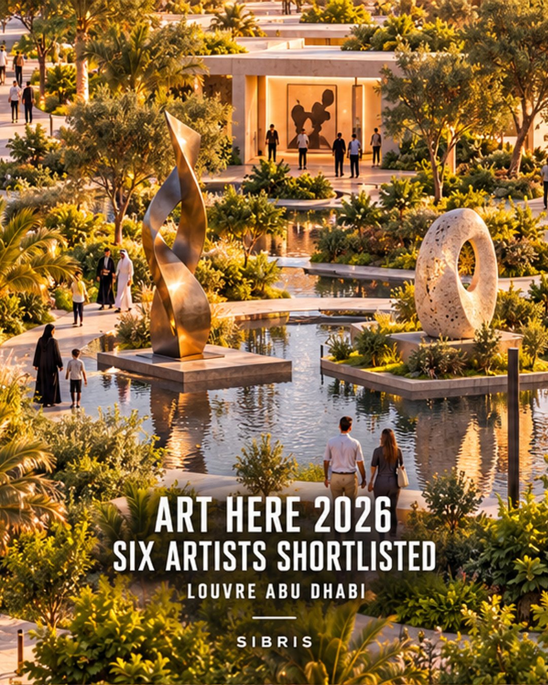 AI-generated conceptual art garden with fictional sculptures; not Louvre Abu Dhabi or shortlisted artworks.