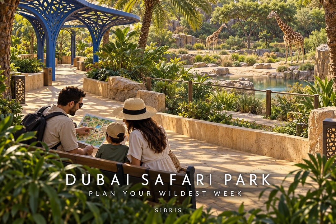 Conceptual family visit to an imaginary wildlife garden; not an actual Dubai Safari Park route or documentary photograph.