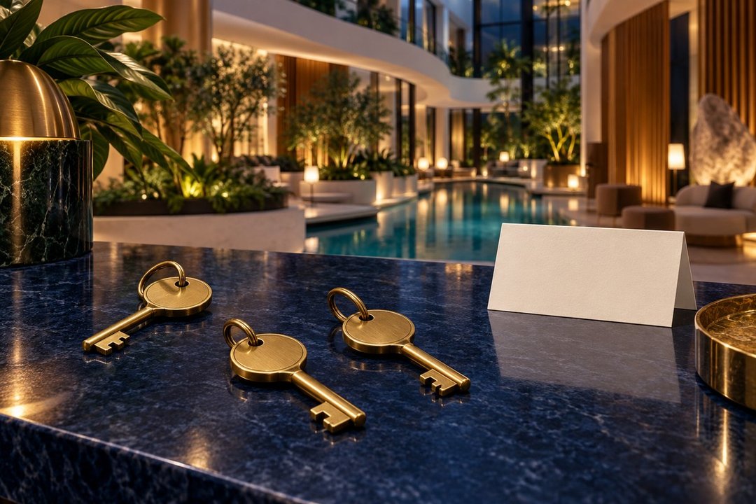 Three brass room keys on a blue reception desk in an imagined hotel atrium; conceptual illustration, not Atlantis or a MICHELIN award.