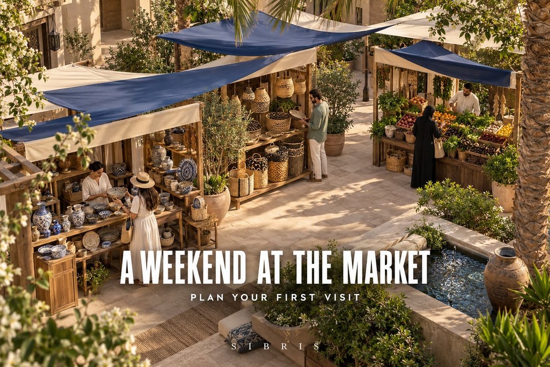 AI-generated conceptual outdoor market courtyard; not Ripe Market, Dubai Police Academy Park or the actual stall layout.