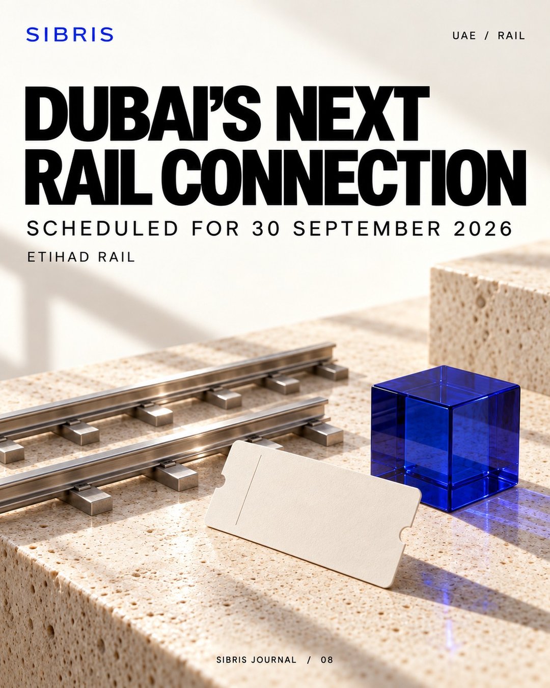 Conceptual miniature rails, blank paper ticket and cobalt glass cube; not an actual Etihad Rail station or route.