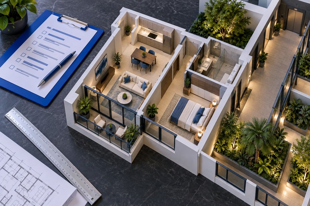 Conceptual AI-generated apartment cutaway model with an unbranded blue clipboard; not an actual inspected building or municipal document.