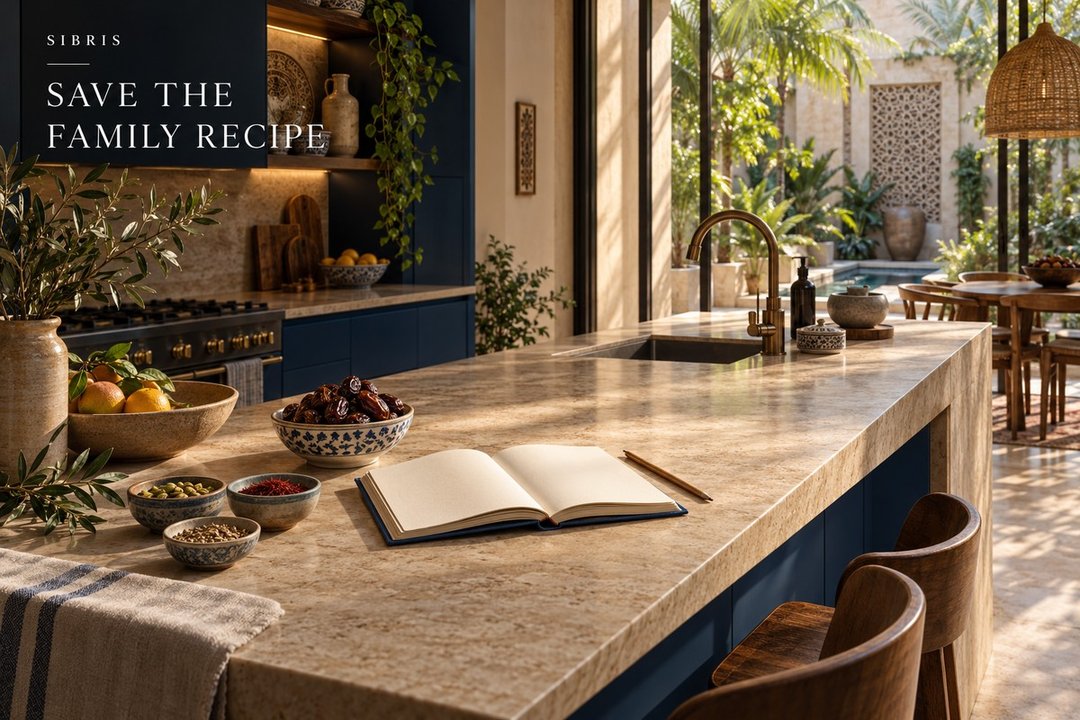 AI-generated imaginary family kitchen with a blank recipe notebook; not the published book or an actual home.