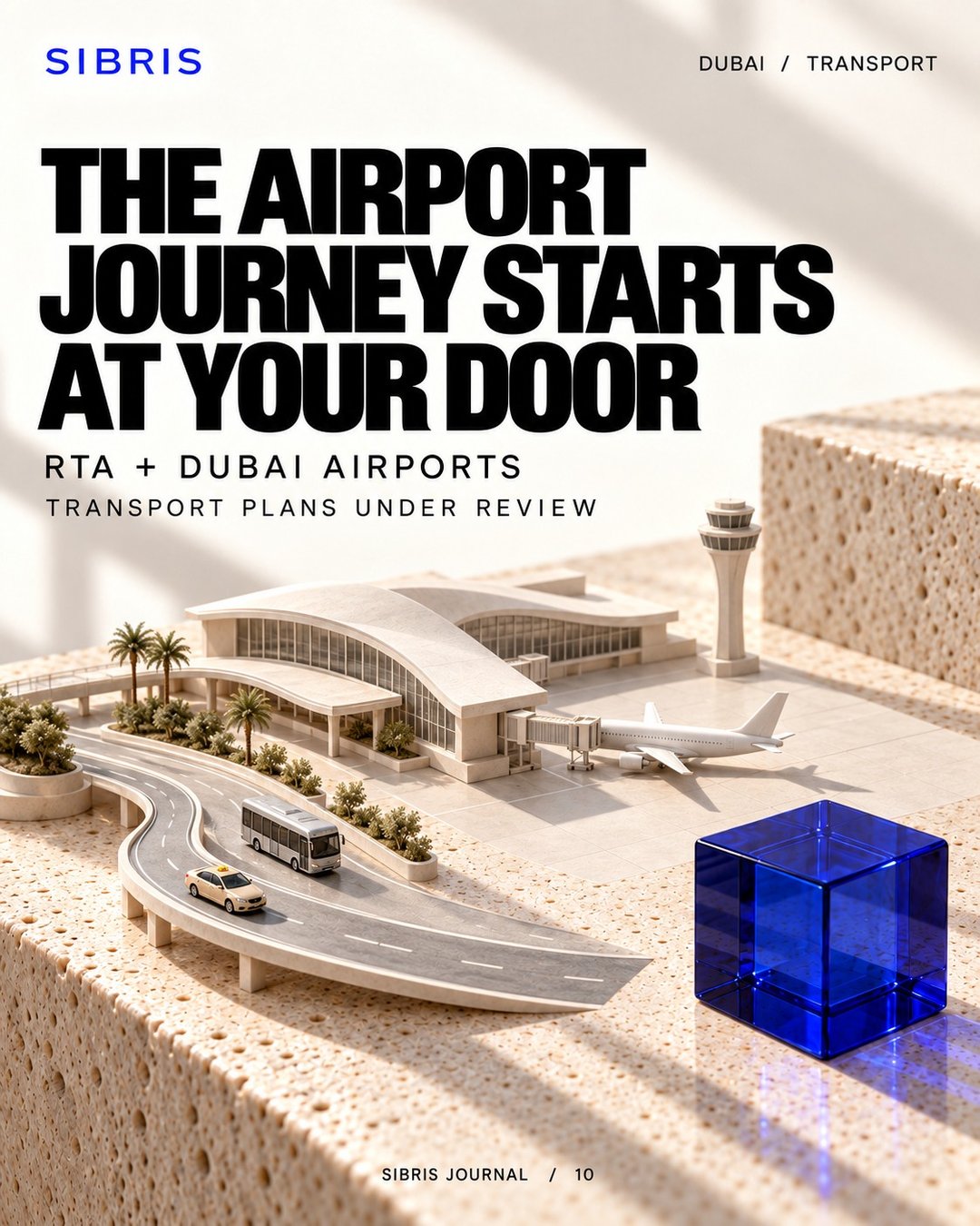 Conceptual miniature airport terminal, access road, bus, taxi and airplane on a tabletop; not an actual airport layout or approved route.