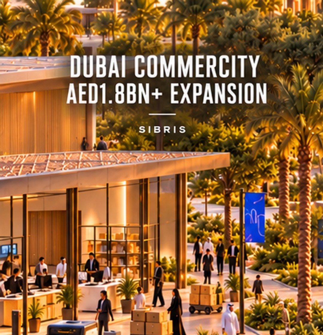 AI-generated conceptual digital commerce courtyard; not an actual Dubai CommerCity design or photograph.