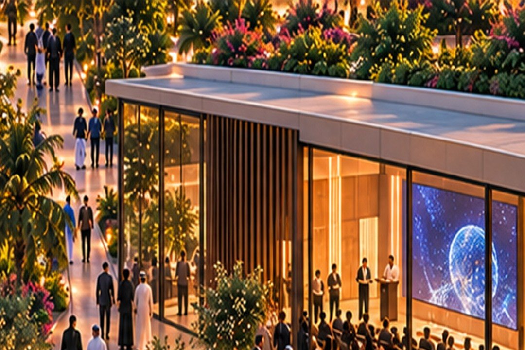 Imagined landscaped conference pavilion with delegates and a lecture audience; conceptual illustration, not the actual Dubai World Trade Centre.