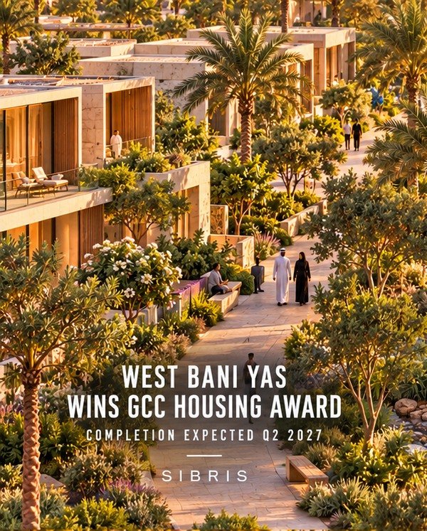 AI-generated conceptual residential garden; not the West Bani Yas project or an actual construction photograph.