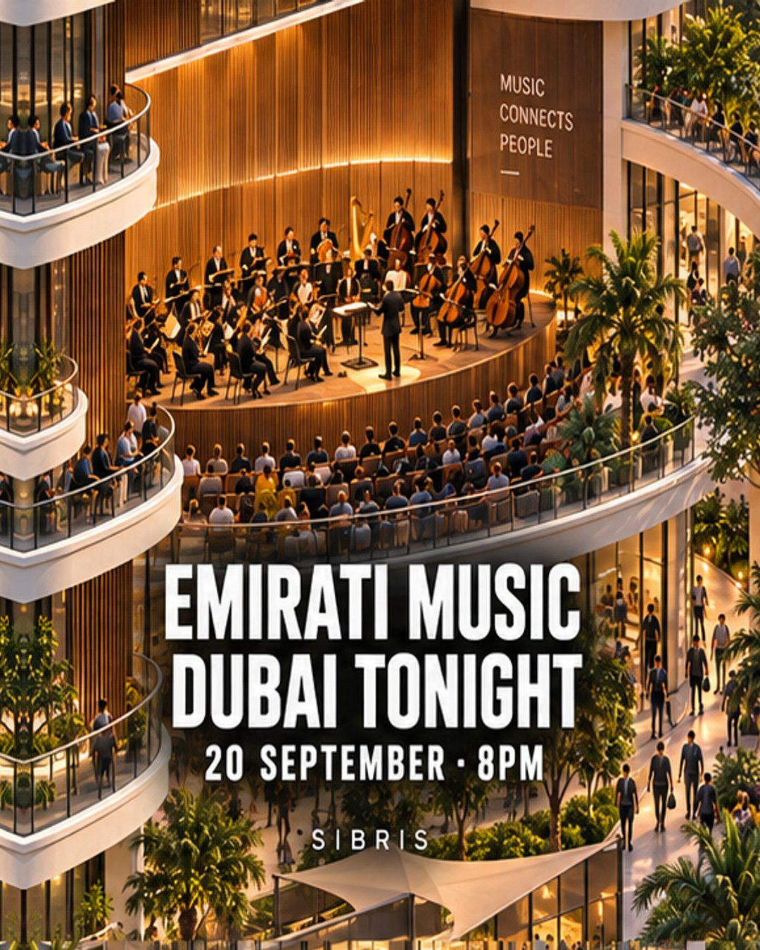 Conceptual imagined orchestra auditorium in a connected architectural landscape; not the actual Dubai Opera venue.
