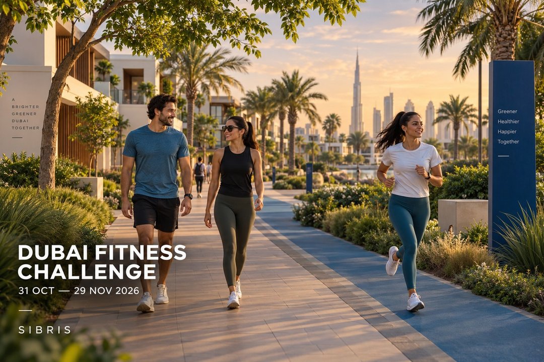 AI-generated conceptual scene of adults walking and jogging in an imagined Dubai-inspired neighbourhood; not an official event venue or actual SIBRIS amenity.