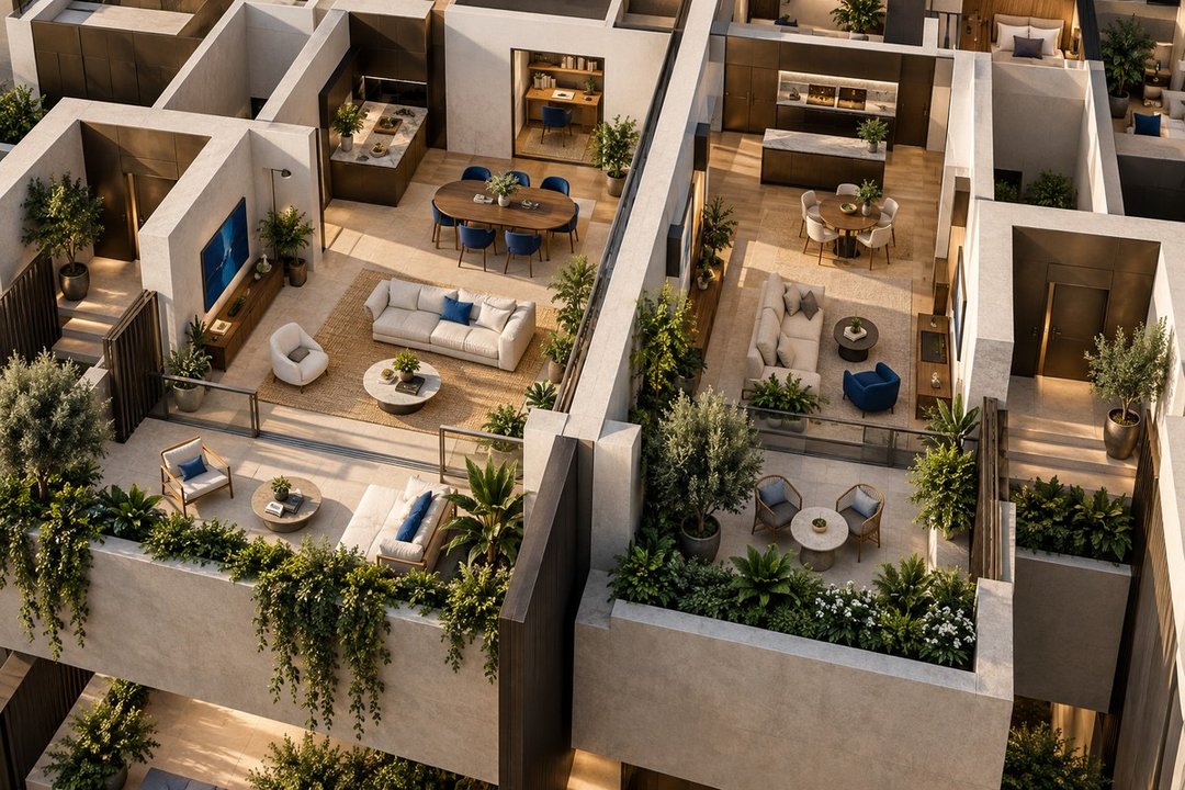 Conceptual cutaway of two imagined homes with separated terraces and planted screening; not Tessera's actual design.