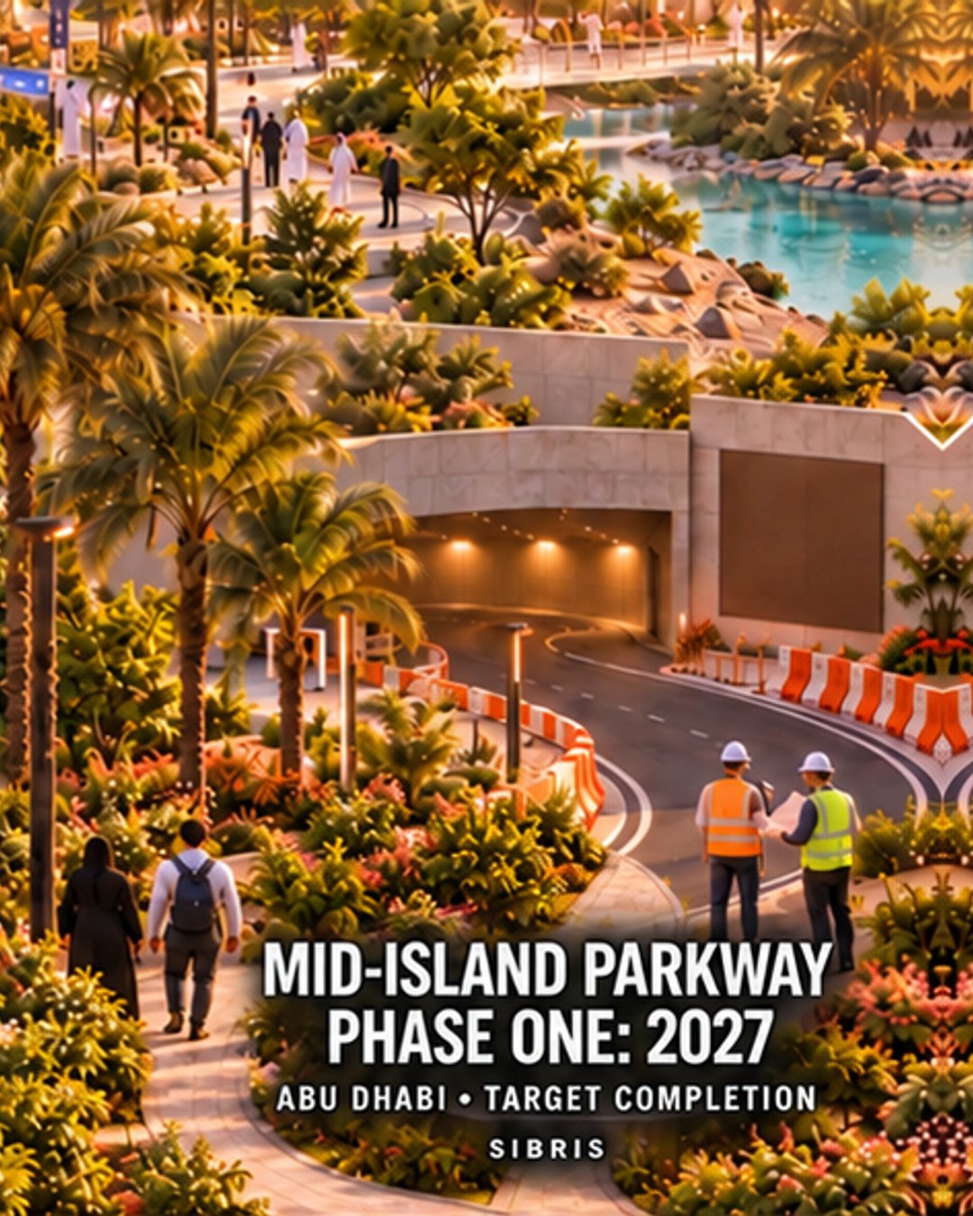 Imagined road construction gateway and coastal garden illustrating a future transport connection, not the real Mid-Island Parkway; AI-generated.