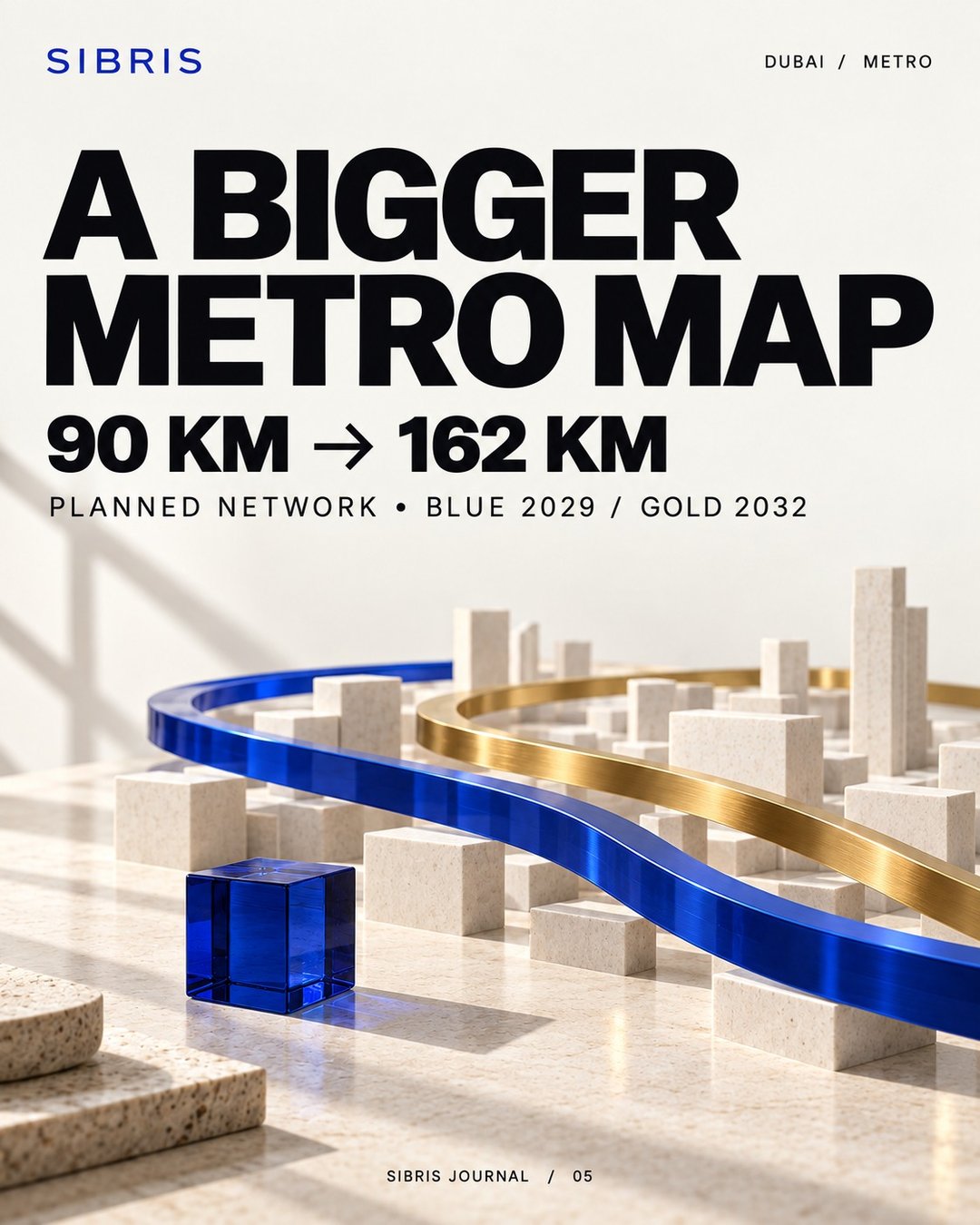 Abstract blue and gold ribbons around miniature buildings; conceptual illustration, not a Dubai Metro route map.