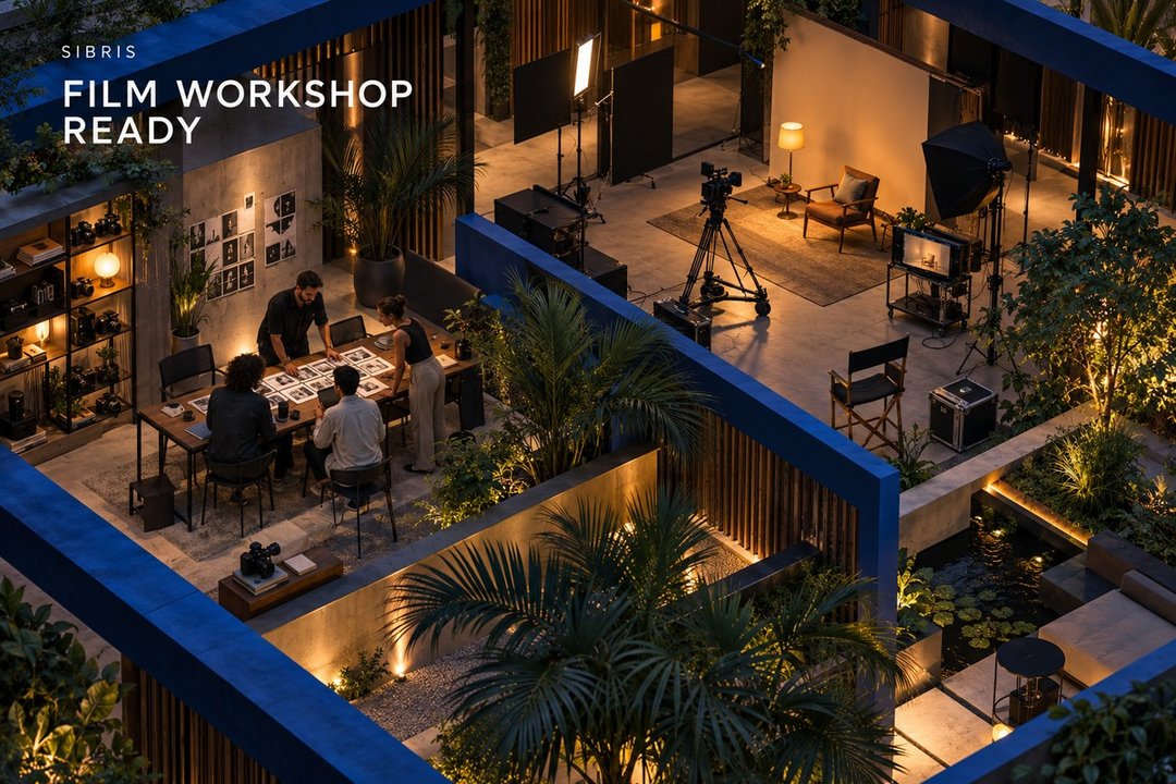 Conceptual illustration of an imaginary film workshop pavilion with adult learners, storyboards and camera equipment; not the actual Creative Lab venue.