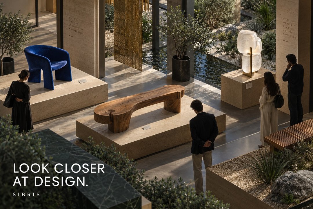Imaginary design exhibition with a blue chair, timber bench and glass lamp; not confirmed NOMAD products or the actual venue.