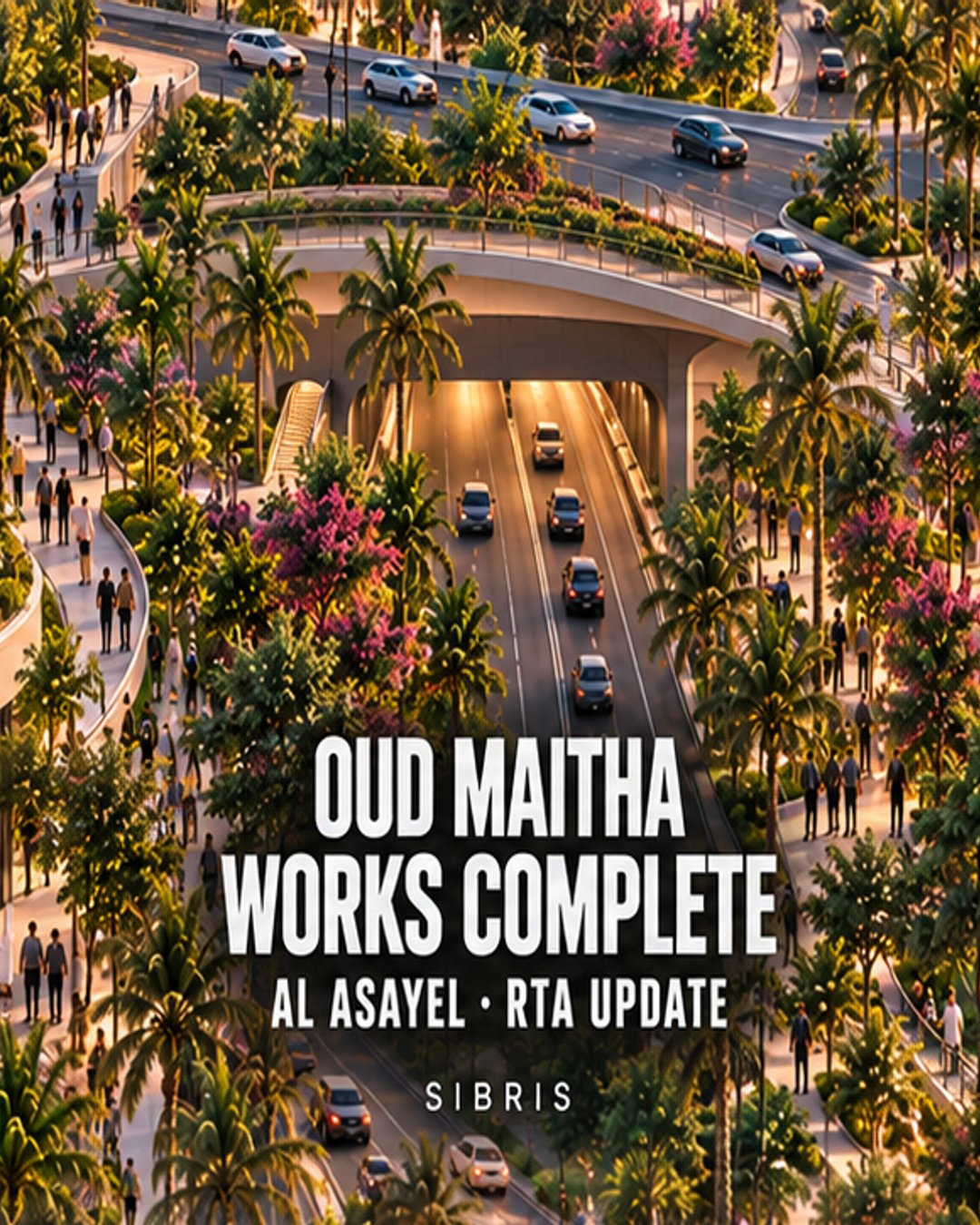 Conceptual architectural illustration of a landscaped road, bridge and tunnel, with an Oud Maitha works-complete headline; not an actual route map.