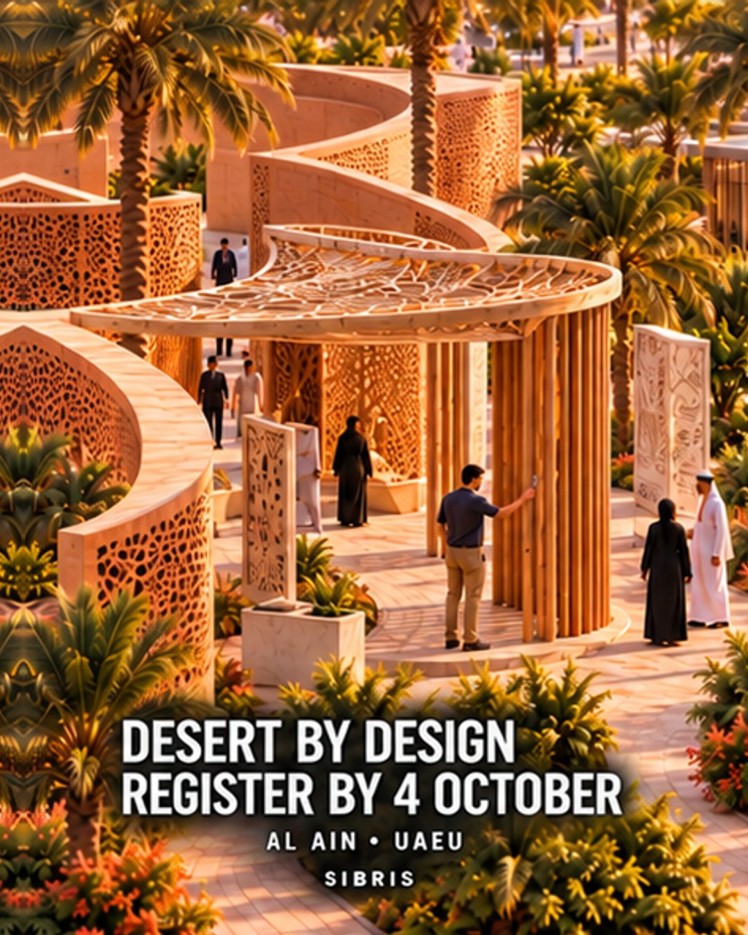 AI-generated conceptual climate-responsive design courtyard with the Desert by Design registration deadline of 4 October.