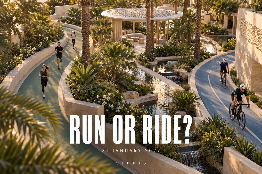 AI-generated conceptual illustration of runners and cyclists in an imaginary garden; not the Cyber Run and Ride route or venue.