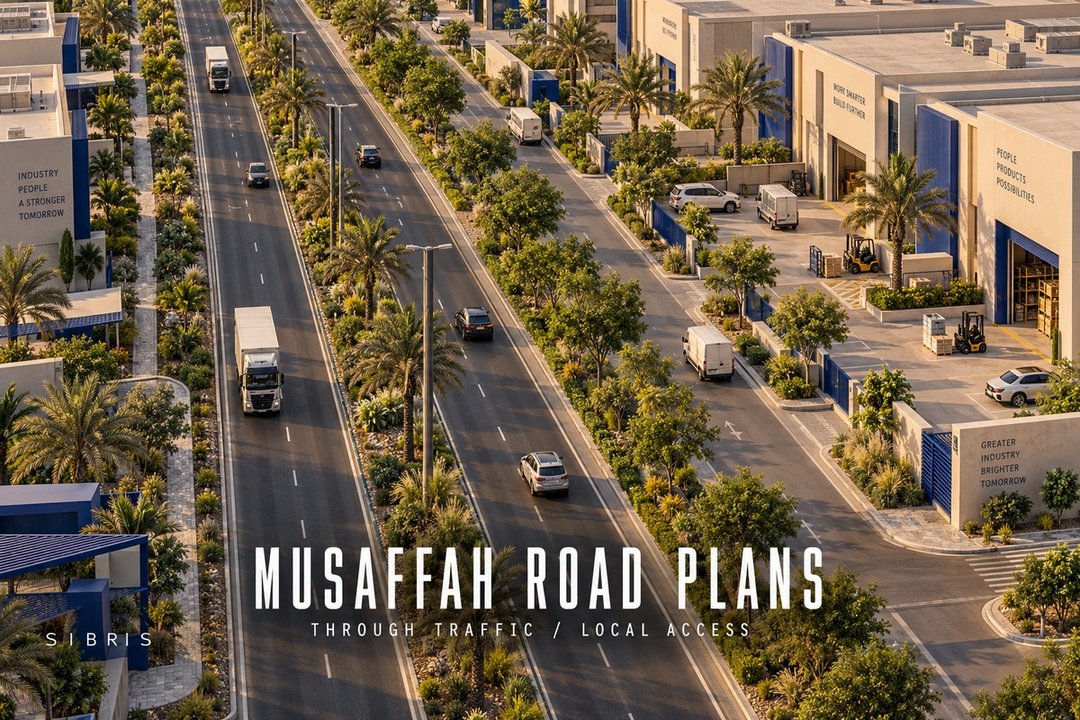 Conceptual illustration of separate through roads and local access beside imaginary industrial workshops; not an actual Musaffah plan.