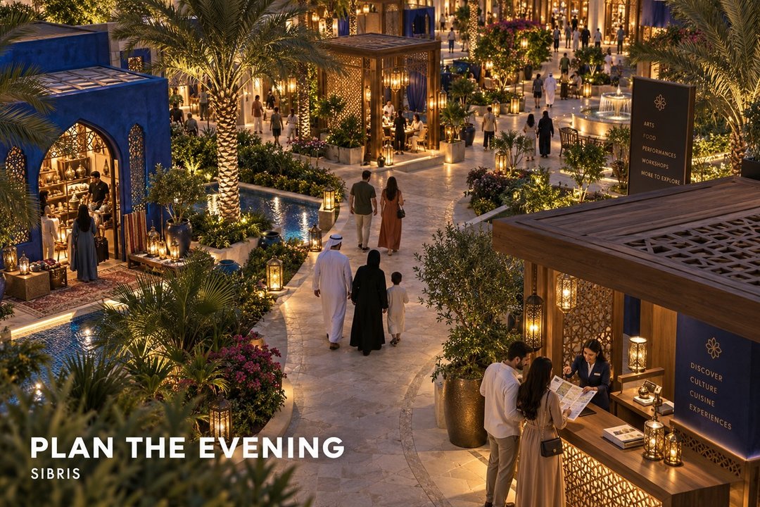 AI-generated conceptual illustration of visitors planning an evening in an imagined leisure courtyard, not Global Village or its actual attractions.
