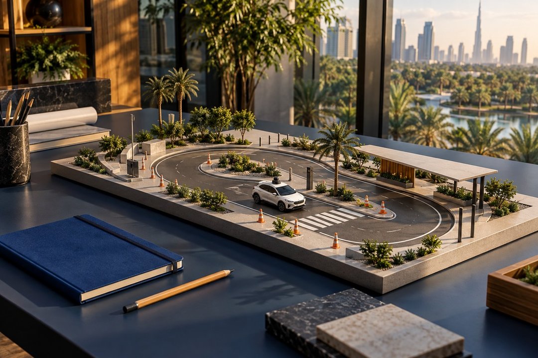 Conceptual miniature autonomous-vehicle testing course on a studio table, not the real Dubai Mobility Labs layout or a passenger service.
