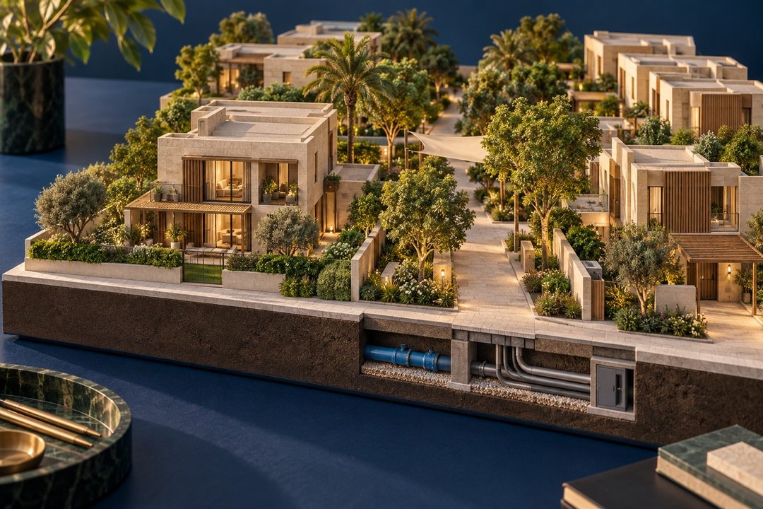 Conceptual miniature neighbourhood on a blue table with landscaped homes and exposed services beneath a lane; not the actual Nad Al Sheba Gardens design.