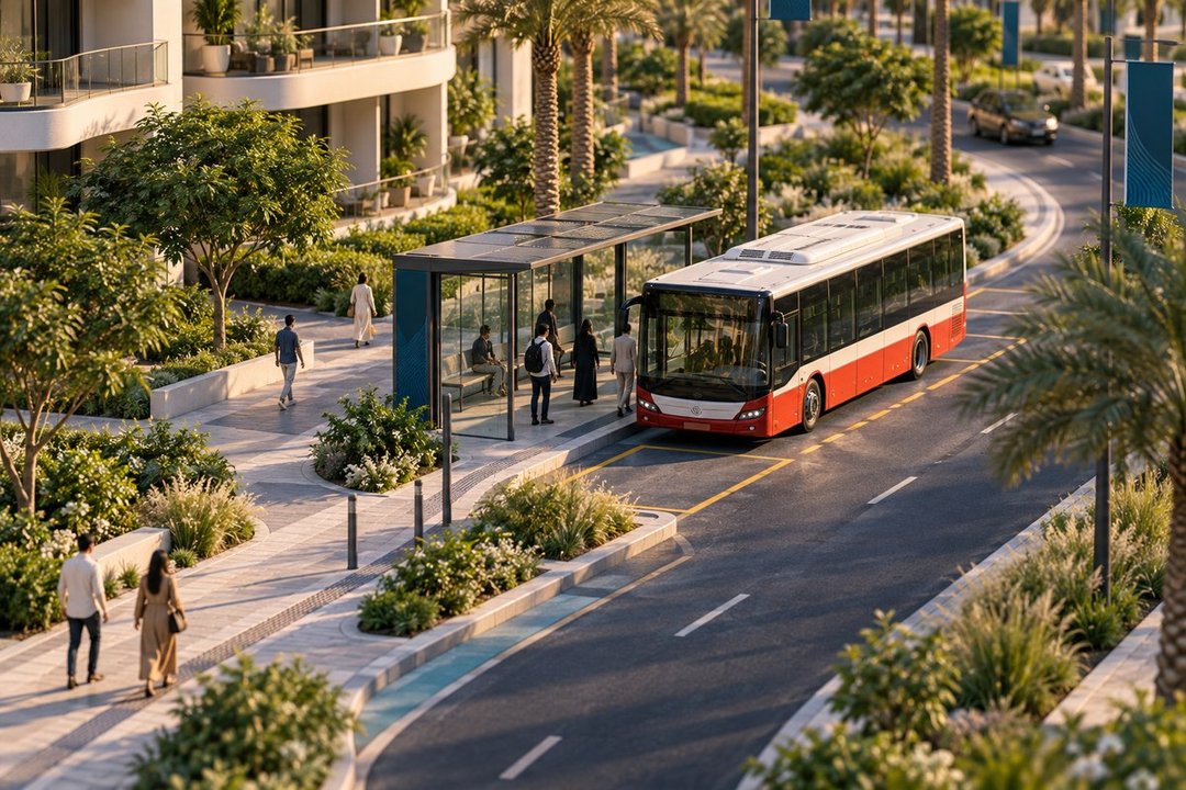 Conceptual model of a bus beside a shaded neighbourhood stop; an imagined scene, not a real RTA location or SIBRIS project.