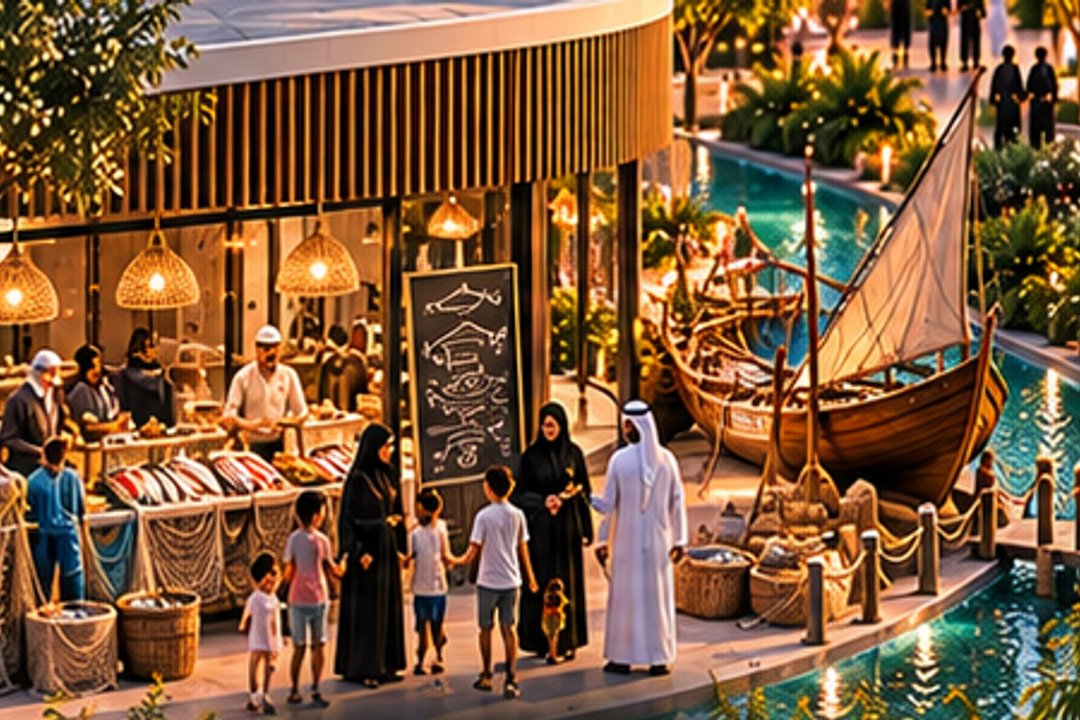AI-generated conceptual heritage food courtyard with seafood stalls and a dhow exhibit; not the actual Kalba festival venue.