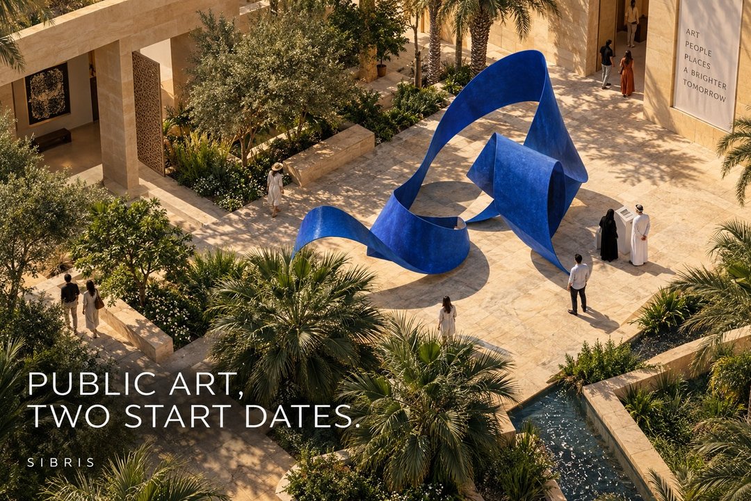 Conceptual public-art courtyard with an imaginary blue sculpture; not an actual Biennial artwork or venue.
