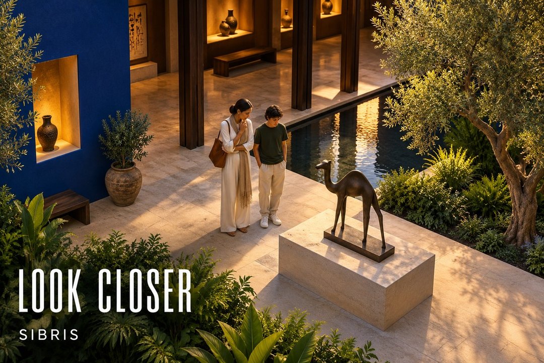 Conceptual illustration of an imagined museum courtyard and decorative camel sculpture; not Zayed National Museum or an actual exhibition object.