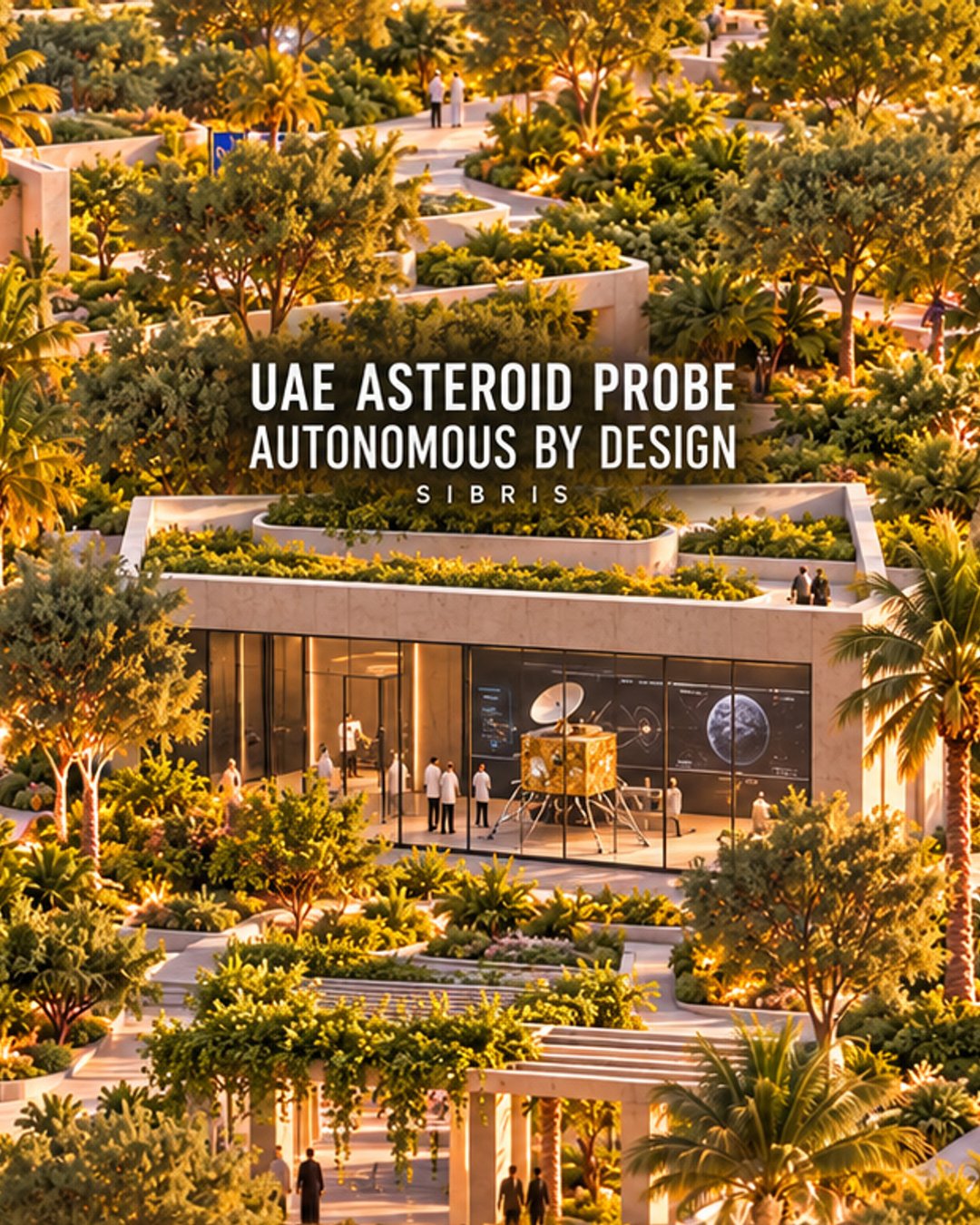 AI-generated conceptual space-engineering pavilion; not the actual TII laboratory or probe.